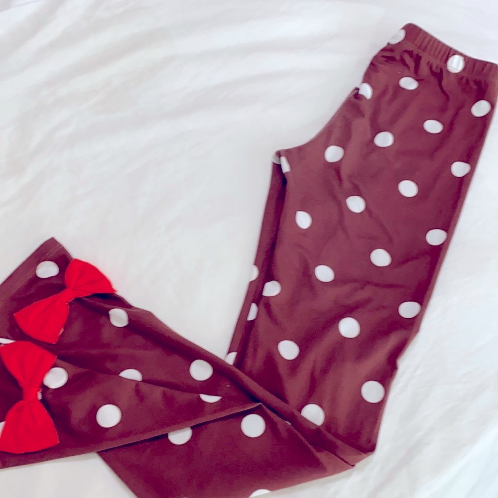 Penelope Plumm brown pants with polka dots & orange bow ankles